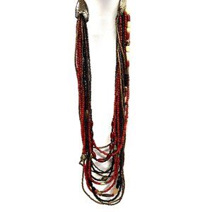 Chicos Necklace Red Beaded Heavy Multichain Boho 36 inches